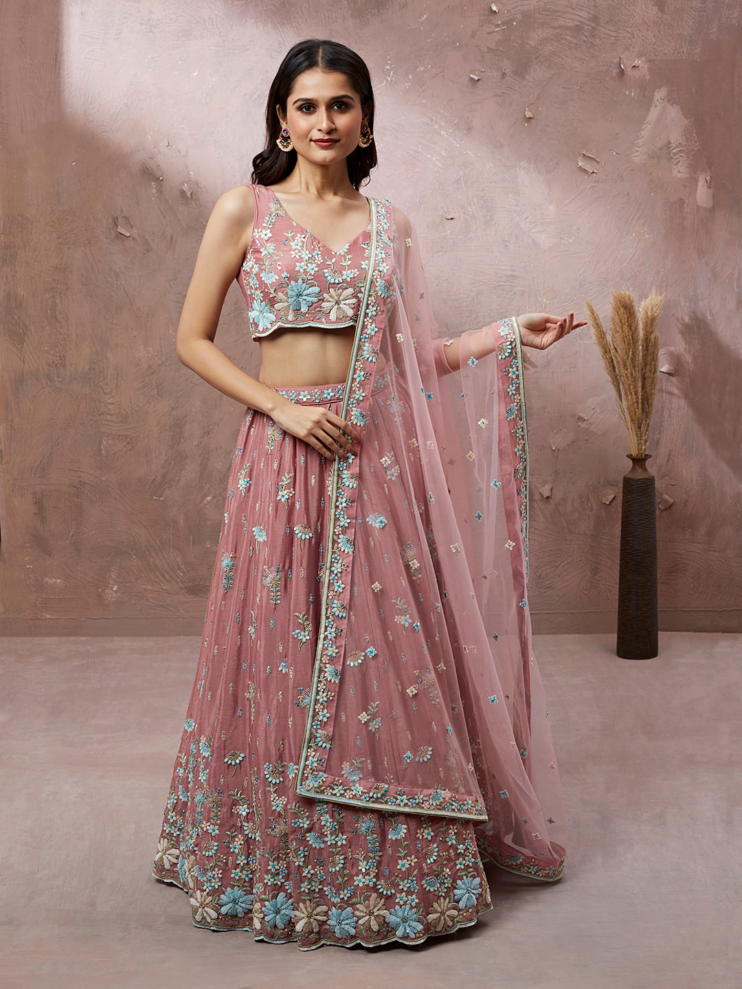 Light Pink Pure Georgette Sequin & Zarkan embroidery Semi-Stitched Lehenga