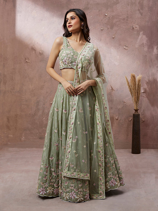 Green Georgette Sequins & Heavy Zarkan embroidery Semi-Stitched Lehenga