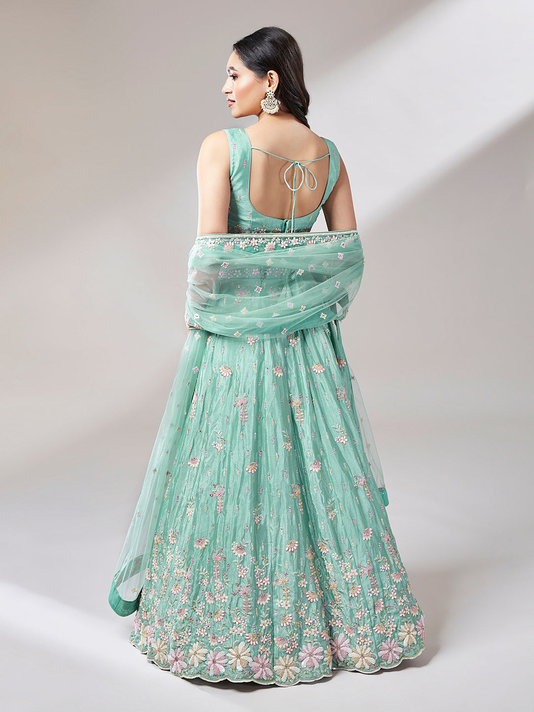 Sea Green Georgette Sequins Embroidery Semi-Stitched Lehenga