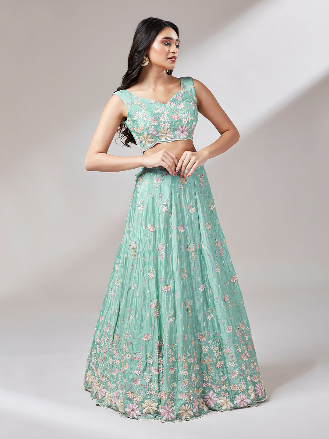 Sea Green Georgette Sequins Embroidery Semi-Stitched Lehenga