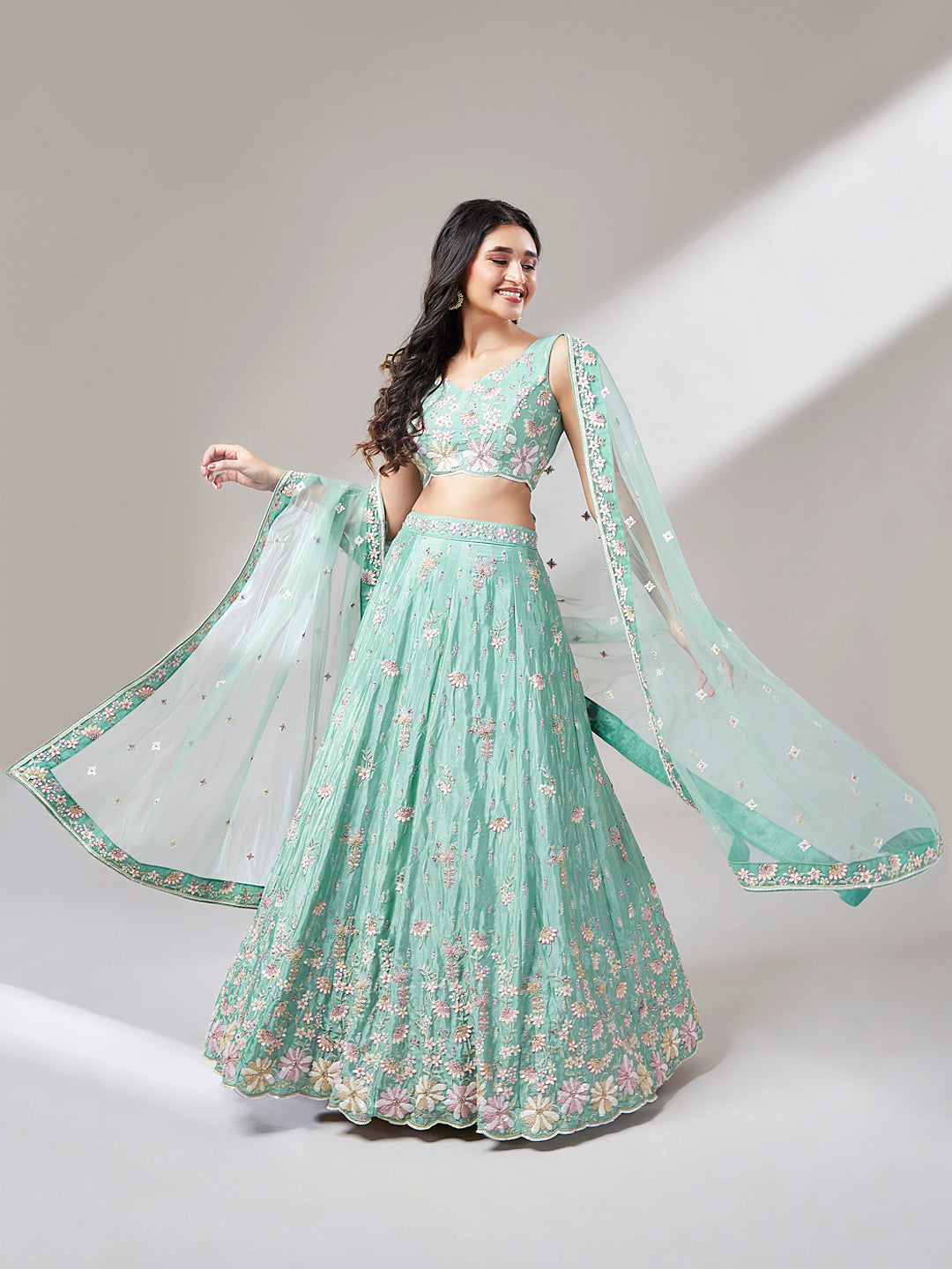 Sea Green Georgette Sequins Embroidery Semi-Stitched Lehenga