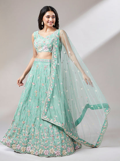 Sea Green Georgette Sequins Embroidery Semi-Stitched Lehenga