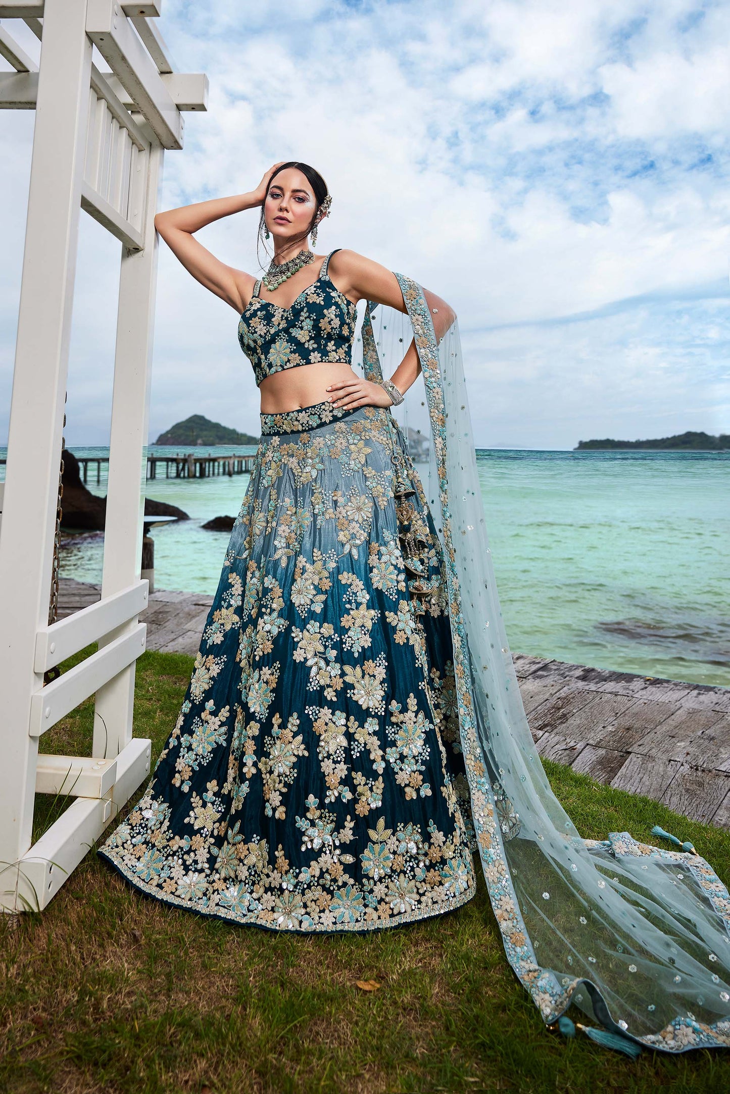 Teal Georgette Sequins & Zarkan embroidery Lehenga