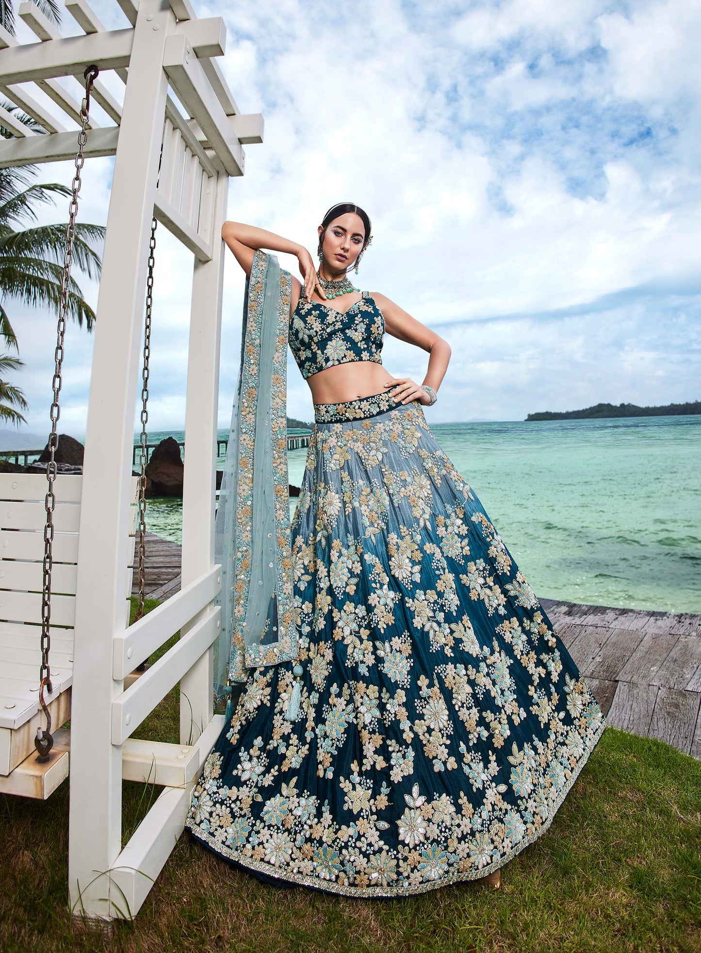 Teal Georgette Sequins & Zarkan embroidery Lehenga