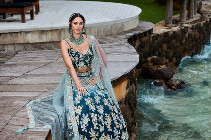 Teal Georgette Sequins & Zarkan embroidery Lehenga