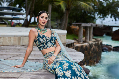 Teal Georgette Sequins & Zarkan embroidery Lehenga