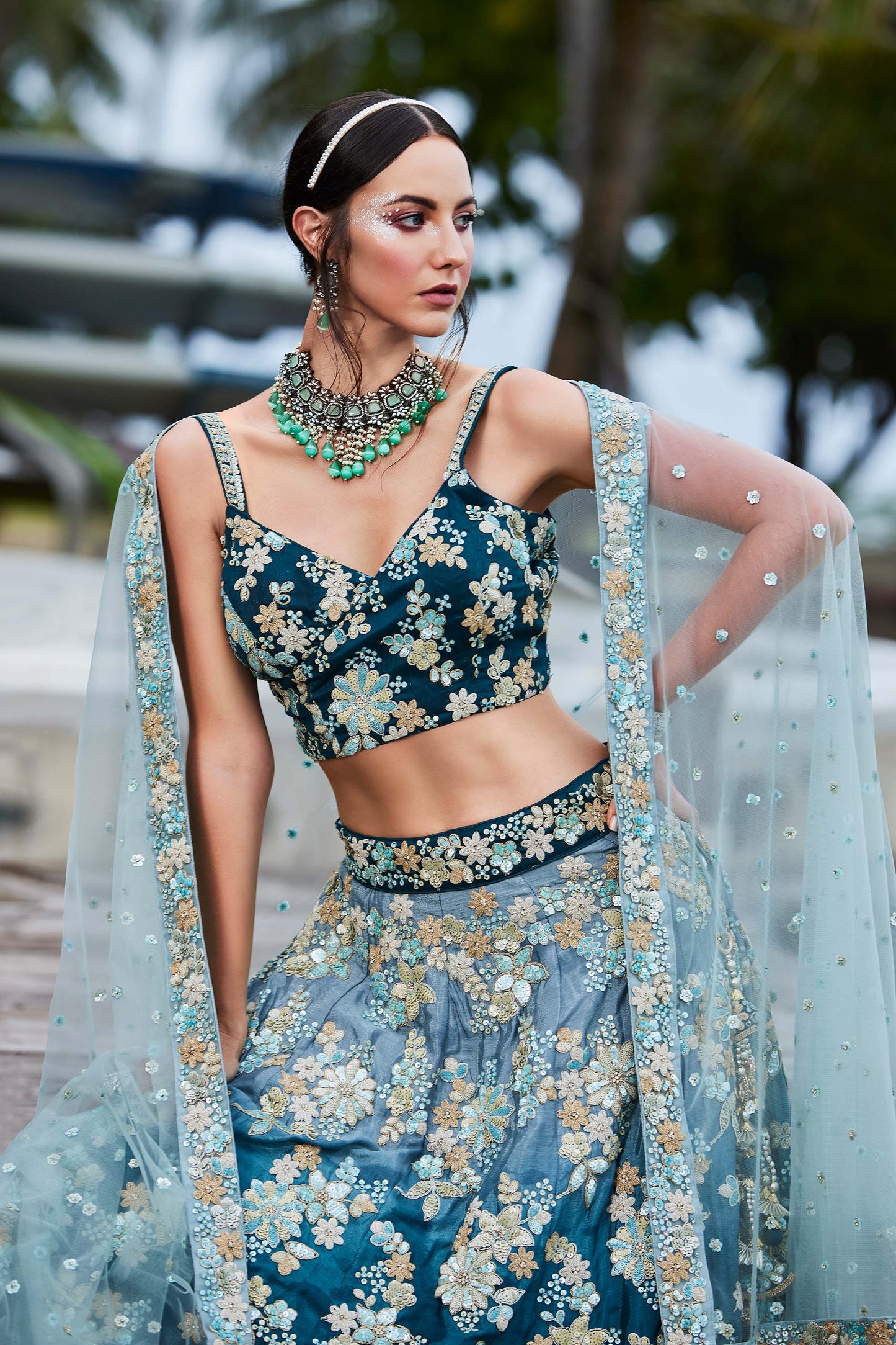 Teal Georgette Sequins & Zarkan embroidery Lehenga