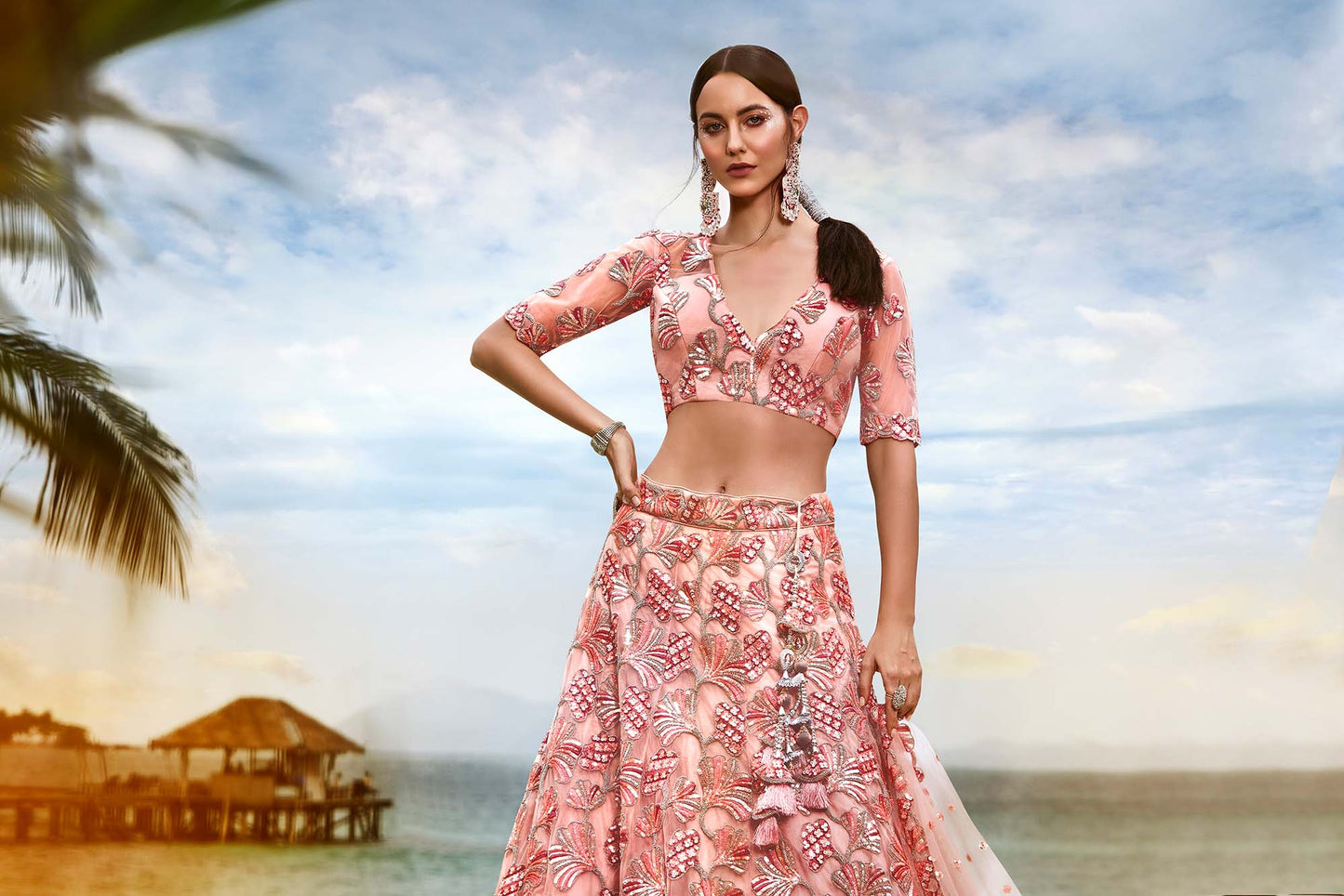 Coral Net Sequins and thread embroidery Lehenga