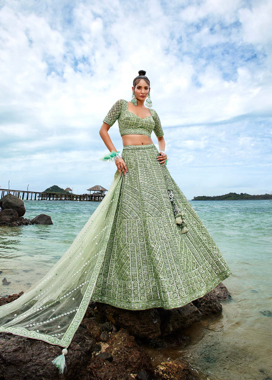 Lime Green Net Sequins, Zarkan and thread embroidery Lehenga