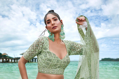 Lime Green Net Sequins, Zarkan and thread embroidery Lehenga