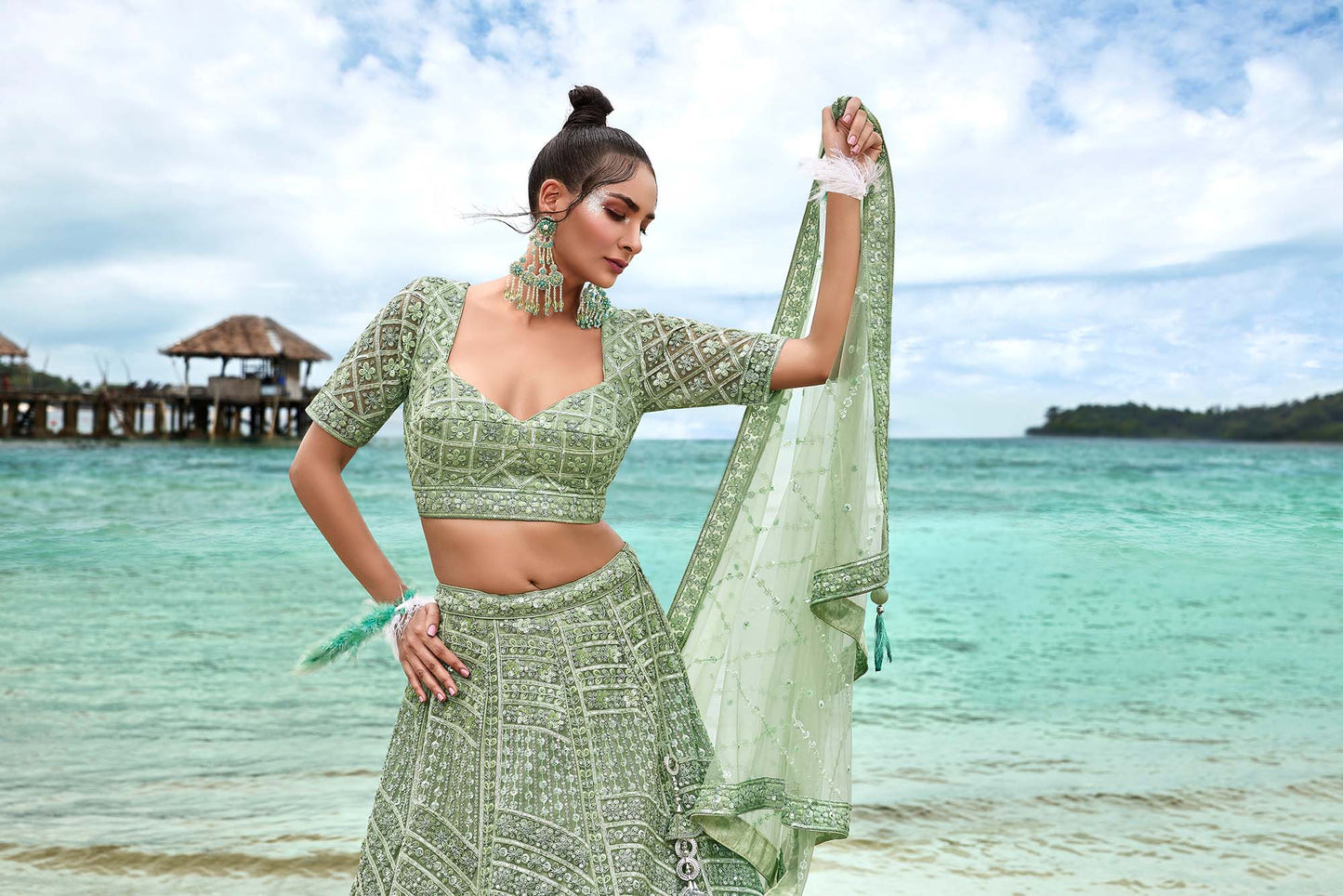 Lime Green Net Sequins, Zarkan and thread embroidery Lehenga