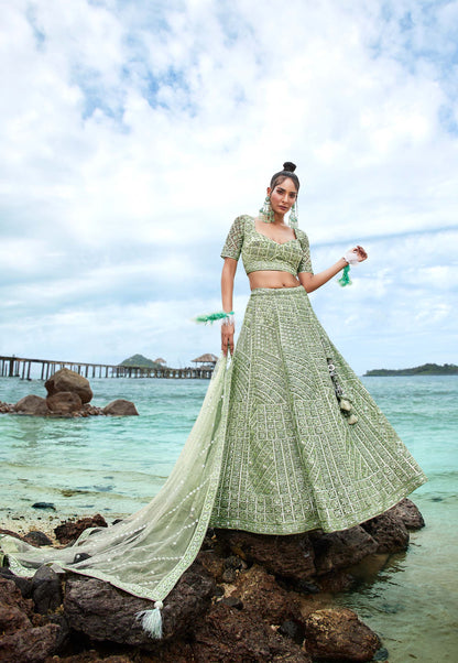 Lime Green Net Sequins, Zarkan and thread embroidery Lehenga