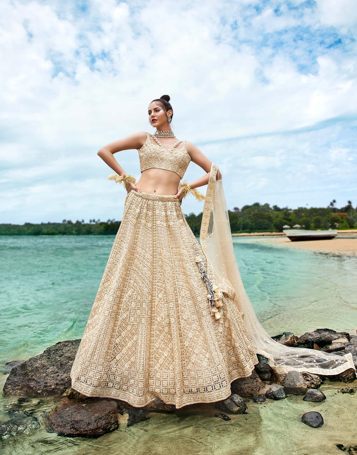 Cream Net Sequins, Zarkan and thread embroidery Lehenga