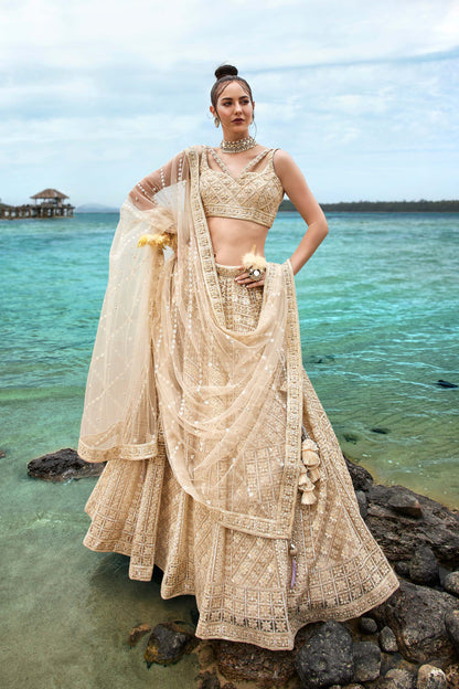 Cream Net Sequins, Zarkan and thread embroidery Lehenga