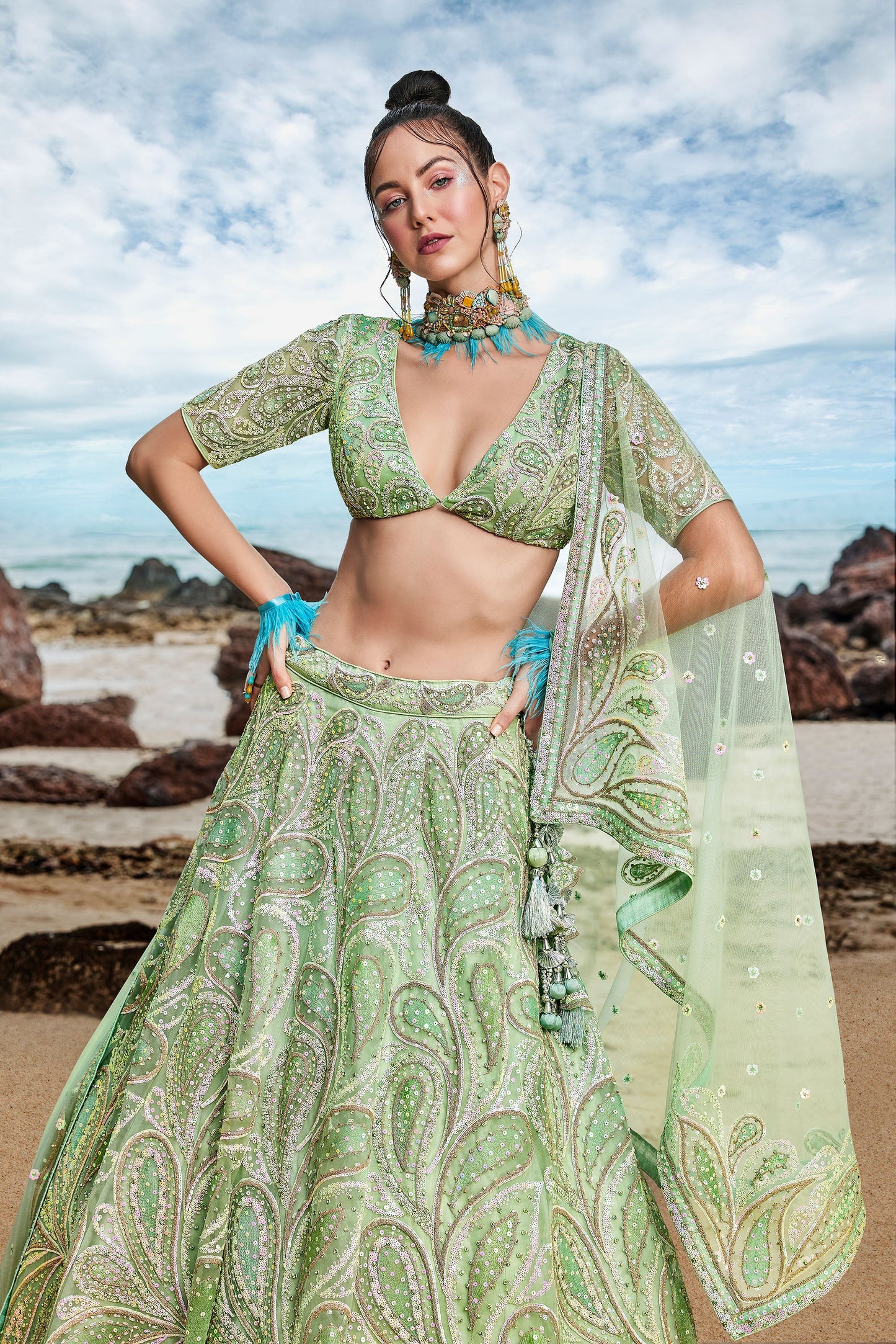 Lime Green Multi Zarkan embroidery Semi-Stitched Net Lehenga