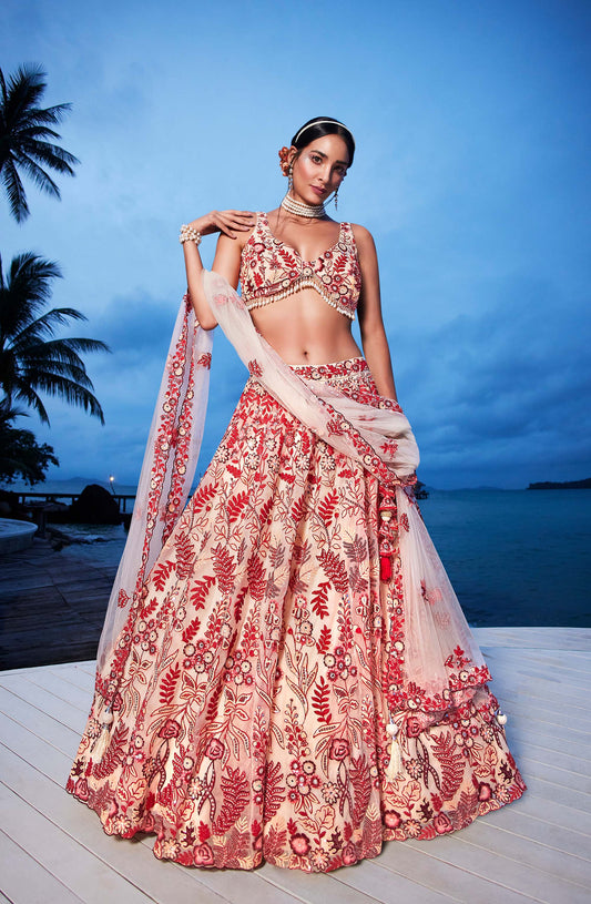 Peach Net Sequins, Mirror and thread embroidery Lehenga choli