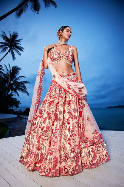 Peach Net Sequins, Mirror and thread embroidery Lehenga choli