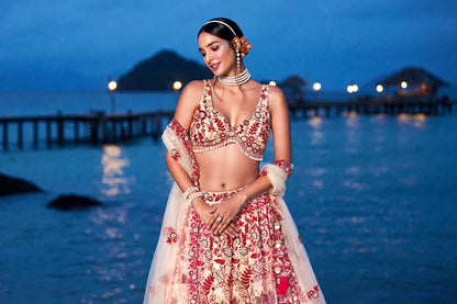 Peach Net Sequins, Mirror and thread embroidery Lehenga choli