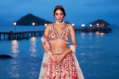 Peach Net Sequins, Mirror and thread embroidery Lehenga choli