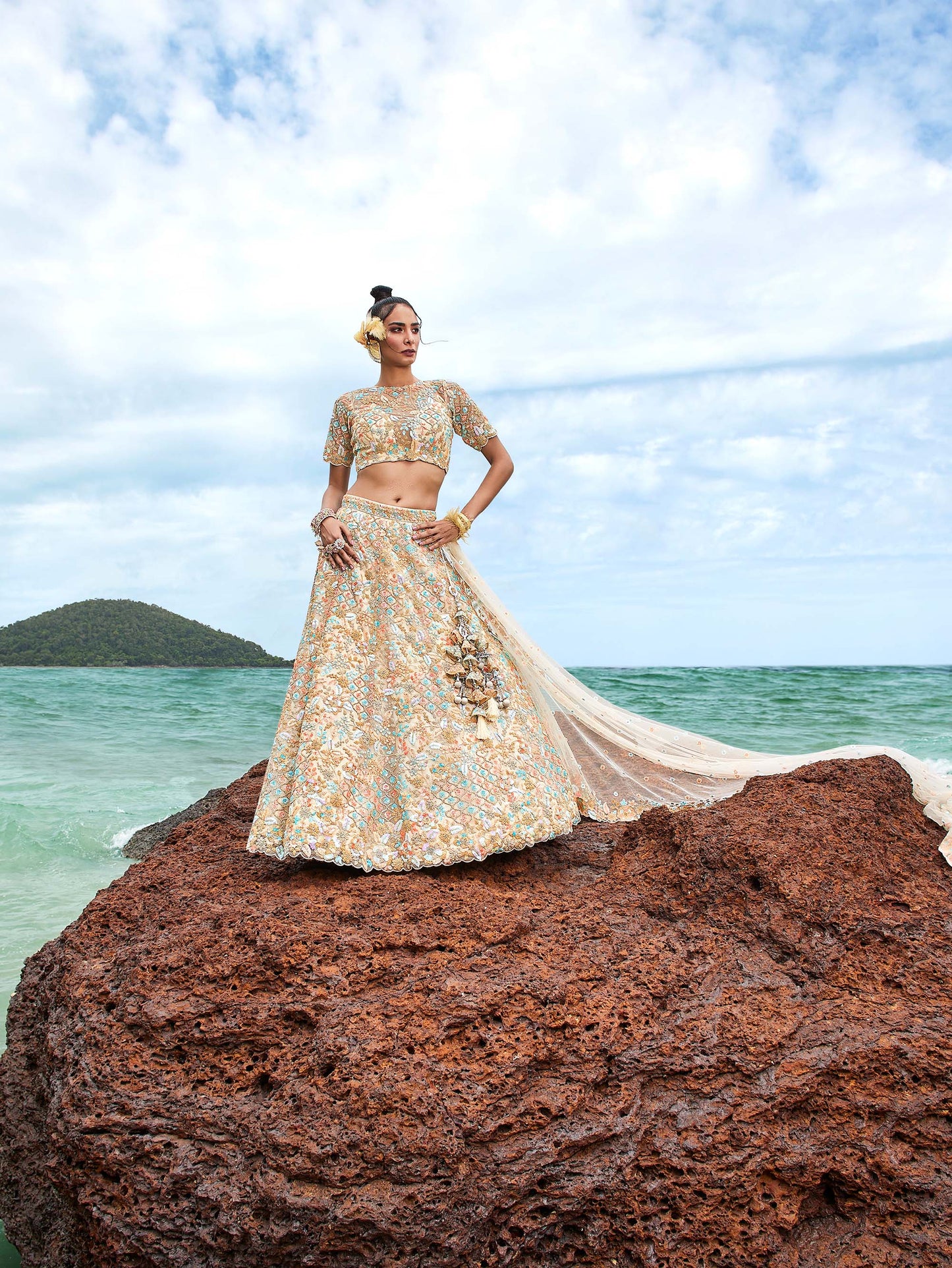 Cream Net Multi colour Sequins, Zarkans and thread embroidery Lehenga