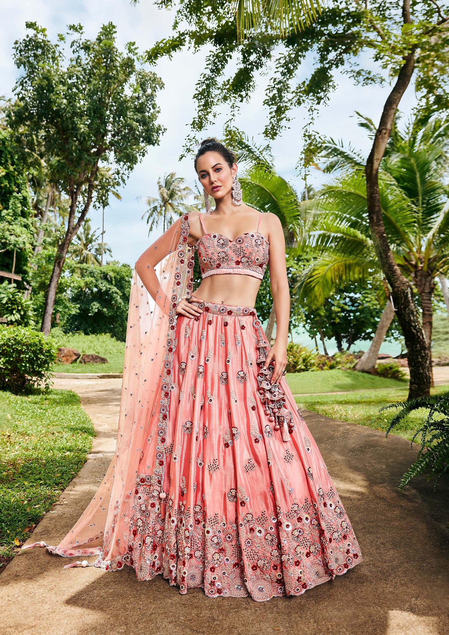 Peach Pure georgette Sequins, Zarkan and thread embroidery Lehenga