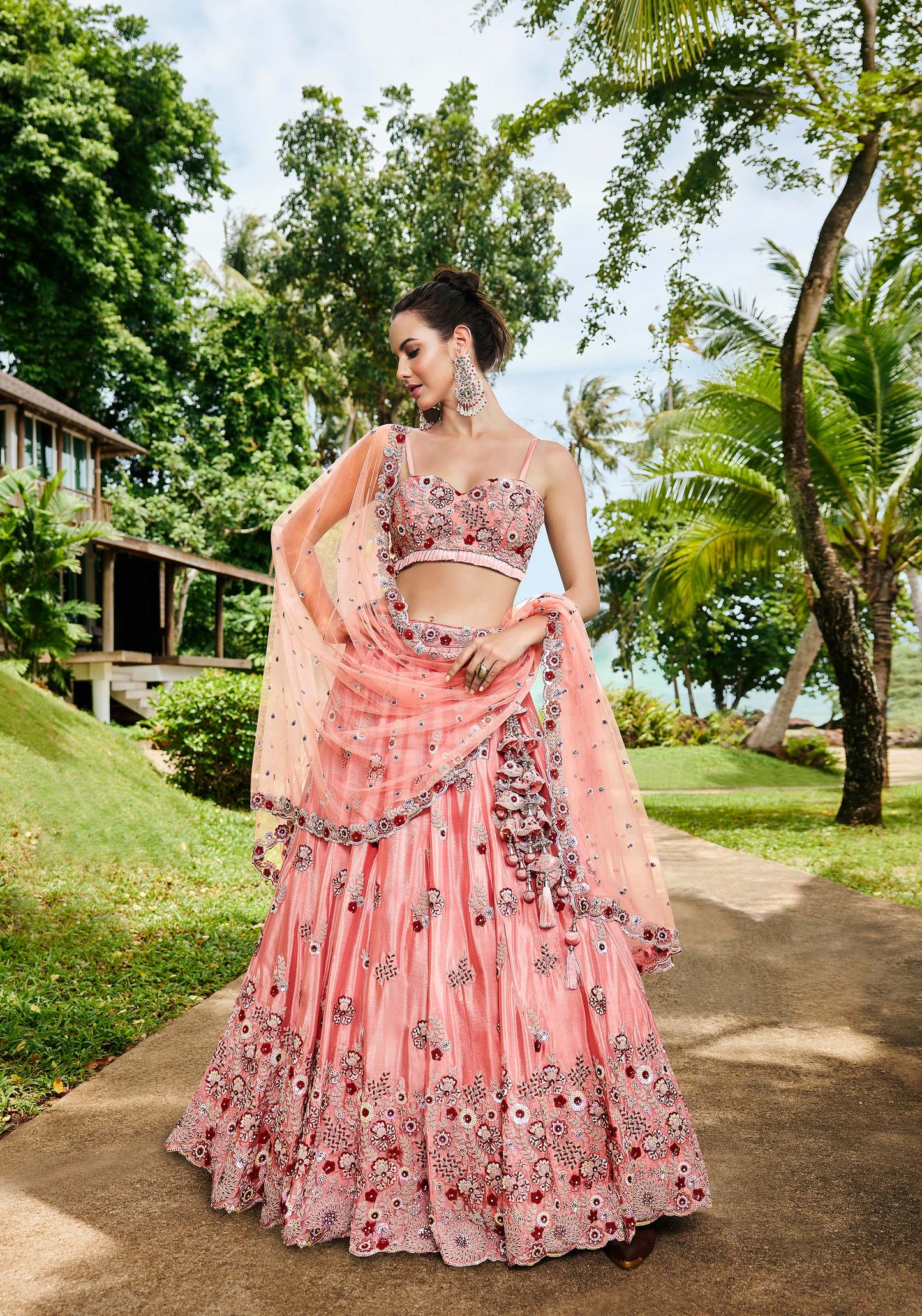 Peach Pure georgette Sequins, Zarkan and thread embroidery Lehenga