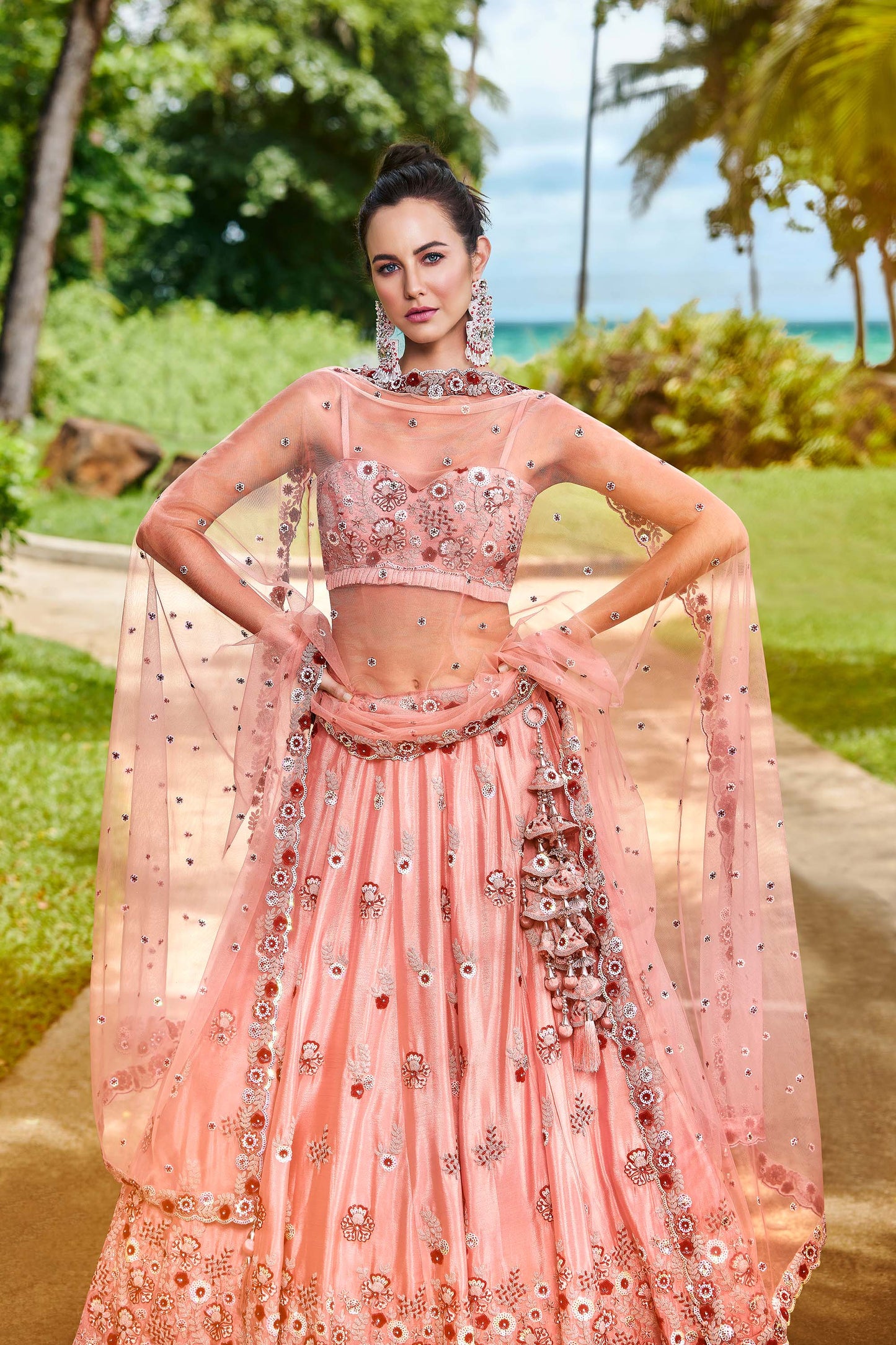 Peach Pure georgette Sequins, Zarkan and thread embroidery Lehenga