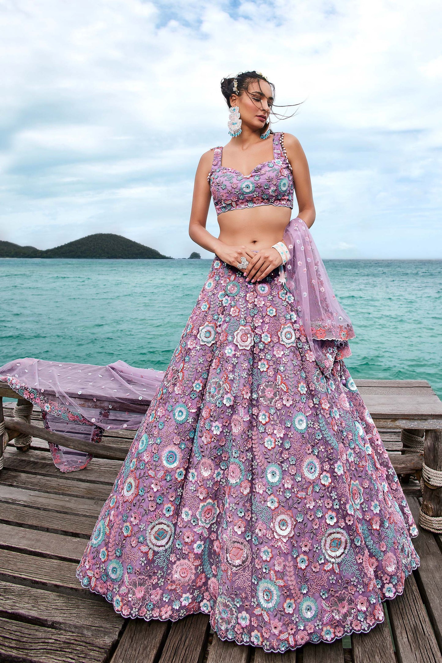 Mauve Net Sequins, Mirror and thread embroidery Lehenga