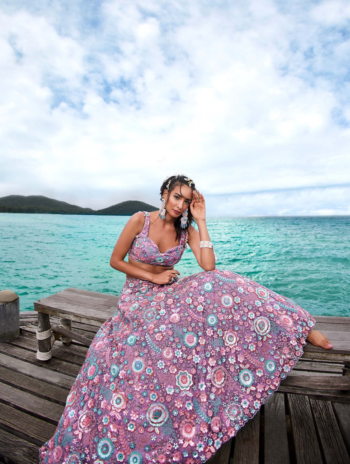 Mauve Net Sequins, Mirror and thread embroidery Lehenga