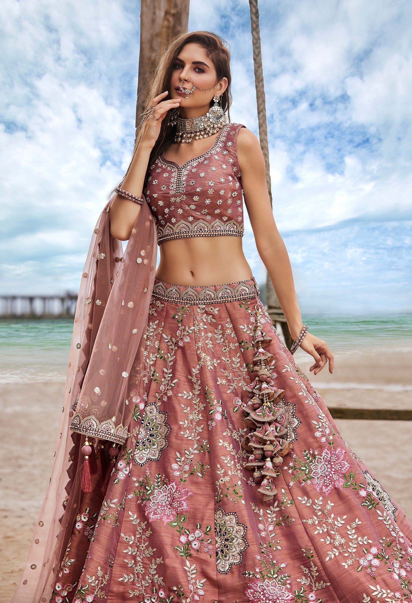 Rose Gold Net Sequins,Mirror thread embroidery Lehenga