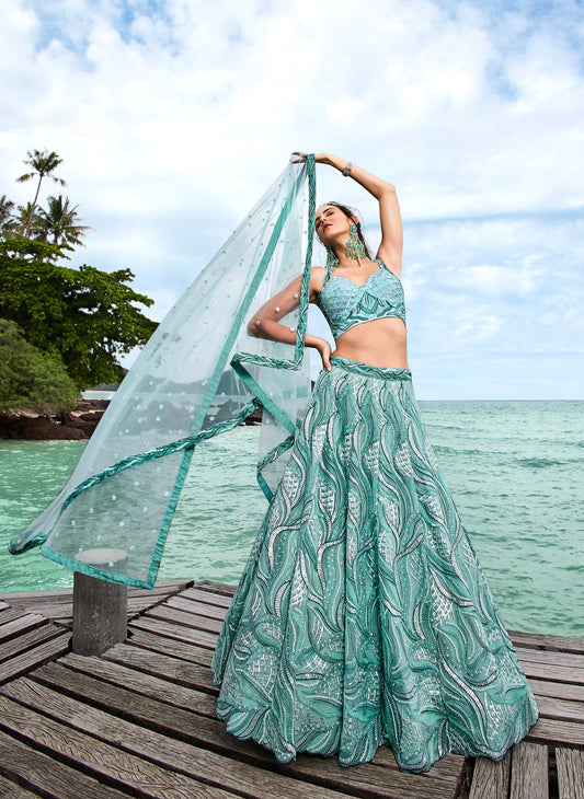 Turquoise Blue Net Sequins, Zarkan and thread embroidery Lehenga