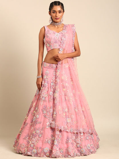 Pink Net Zarkan embroidery Lehenga