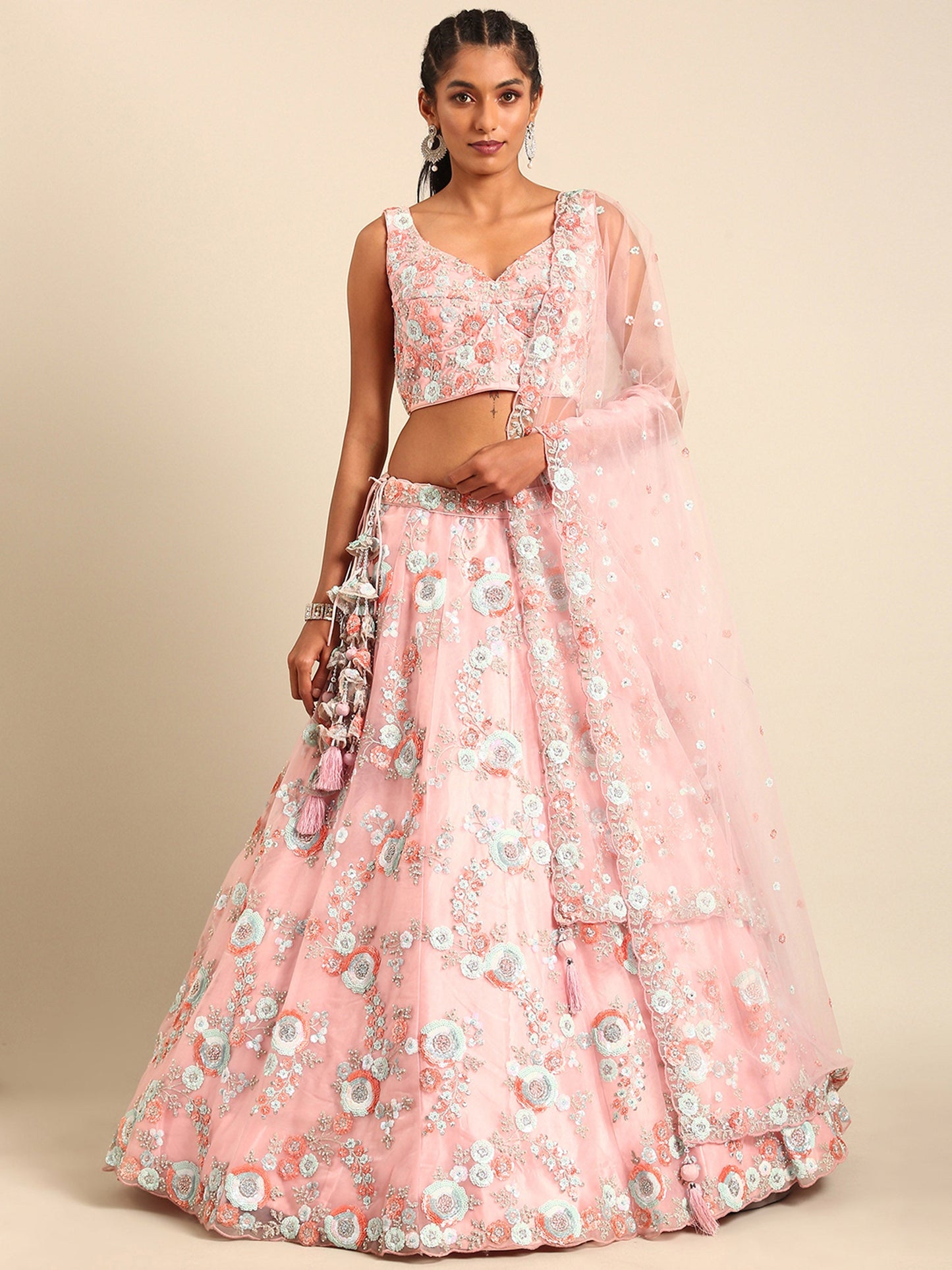 Pink Net Sequins and Zarkan embroidery Lehenga