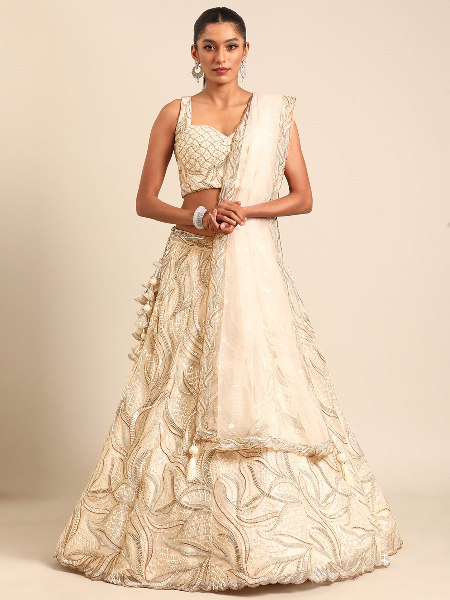 Cream Net Sequins and Zarkan embroidery Lehenga