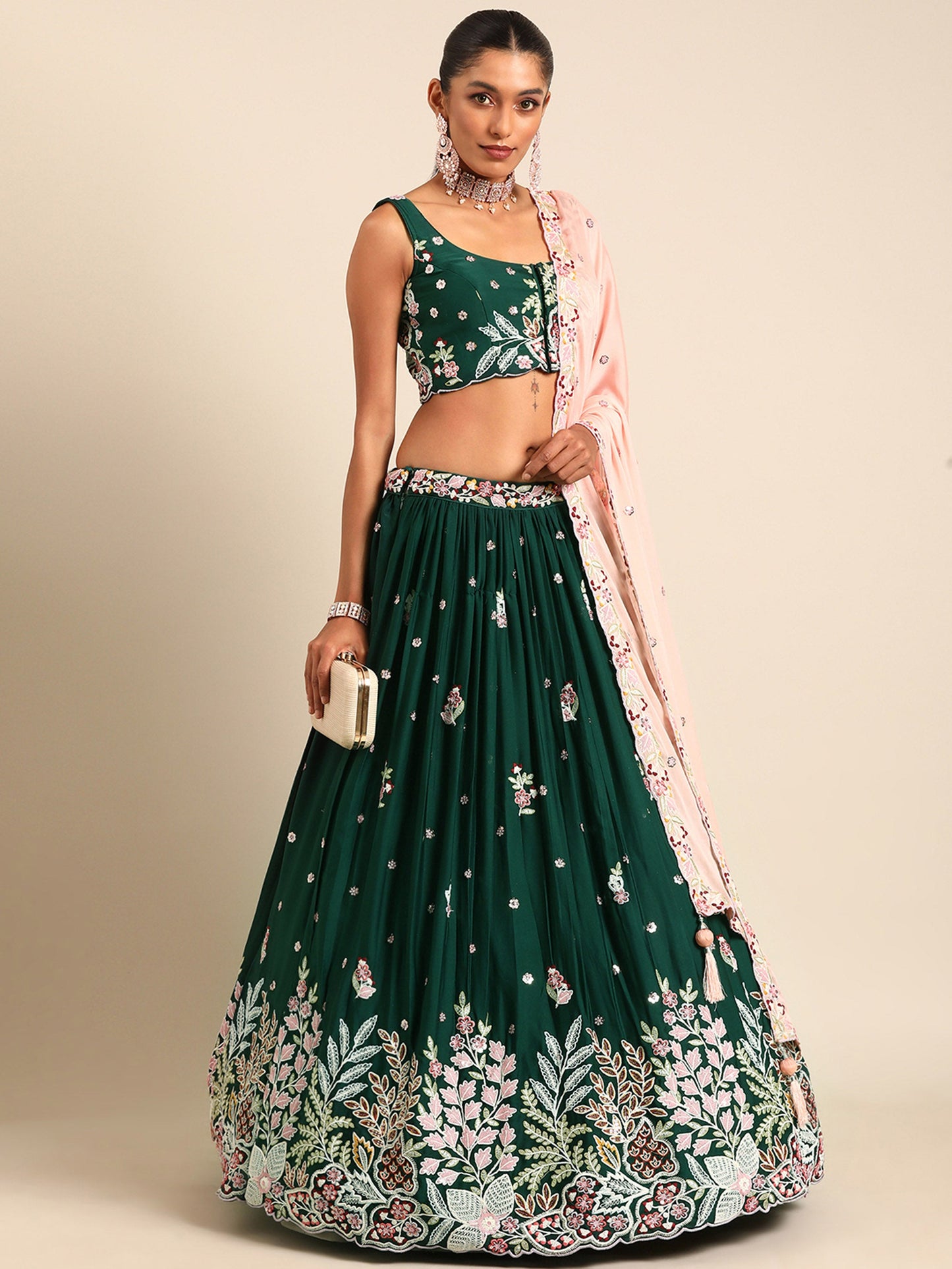 Green Georgette Sequins and thread embroidery Lehenga