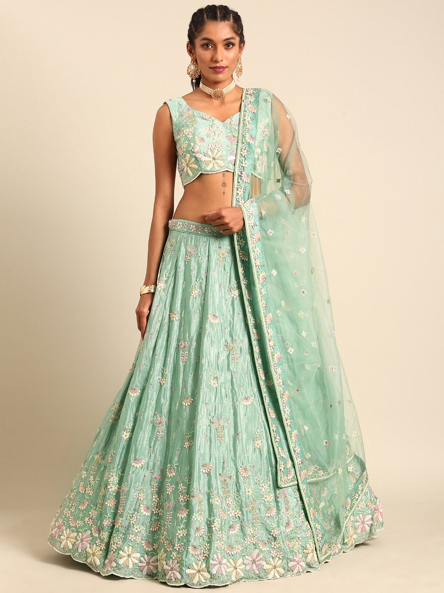 Sea Green Georgette Sequins Embroidery Lehenga