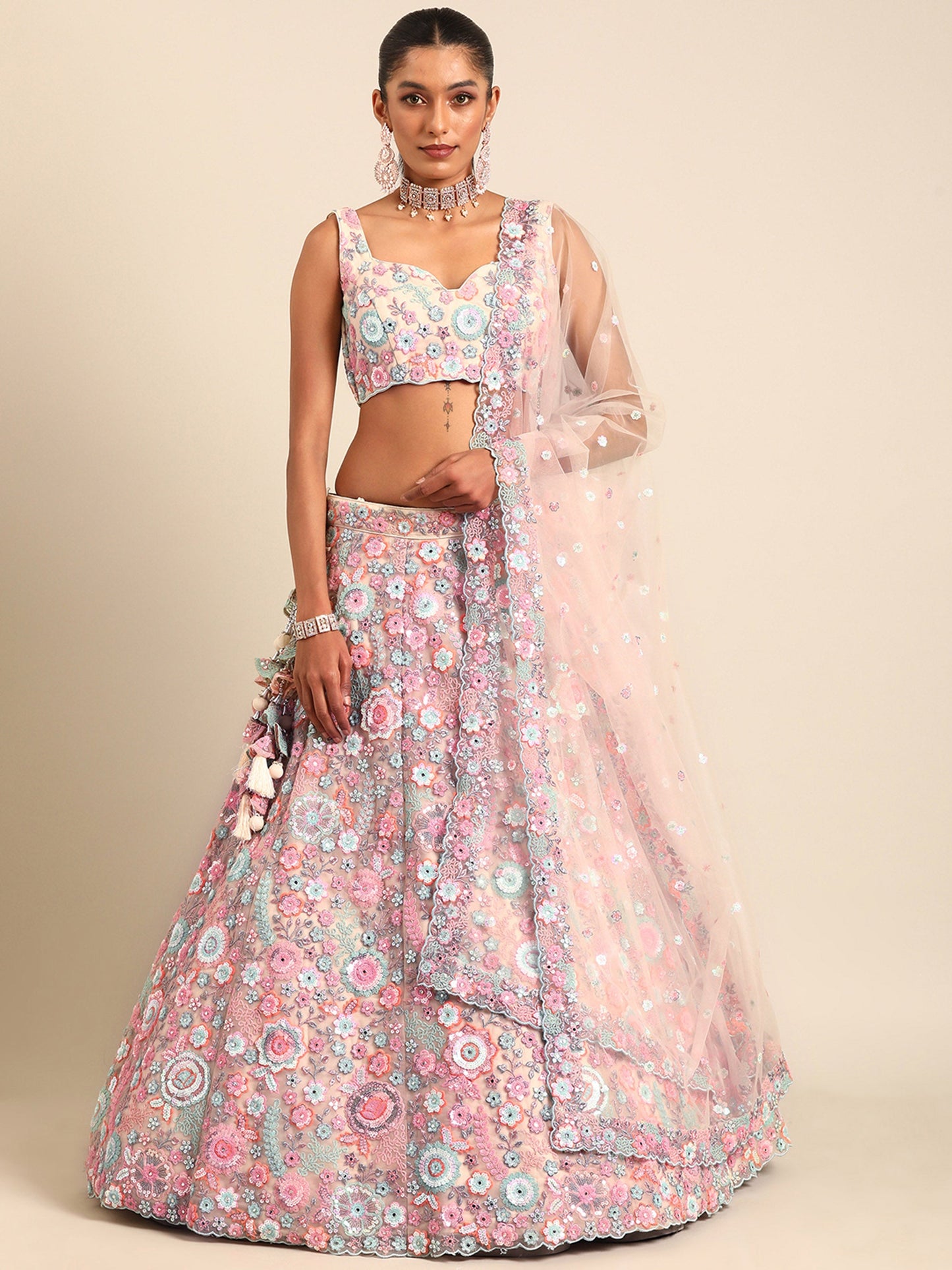 Cream Net Sequins, Mirror and thread embroidery Lehenga