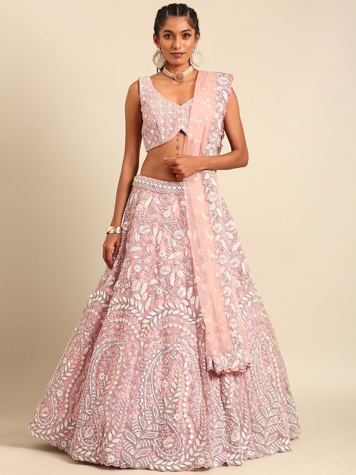 Pink Net Multi Sequins & Zarkan Embroidery Bridesmaid Lehenga