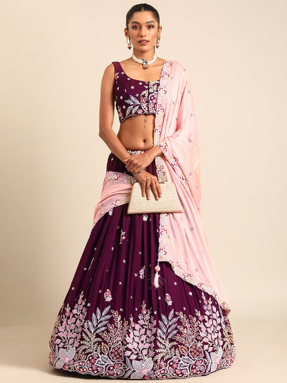 Burgundy Georgette Sequins and thread embroidery Lehenga