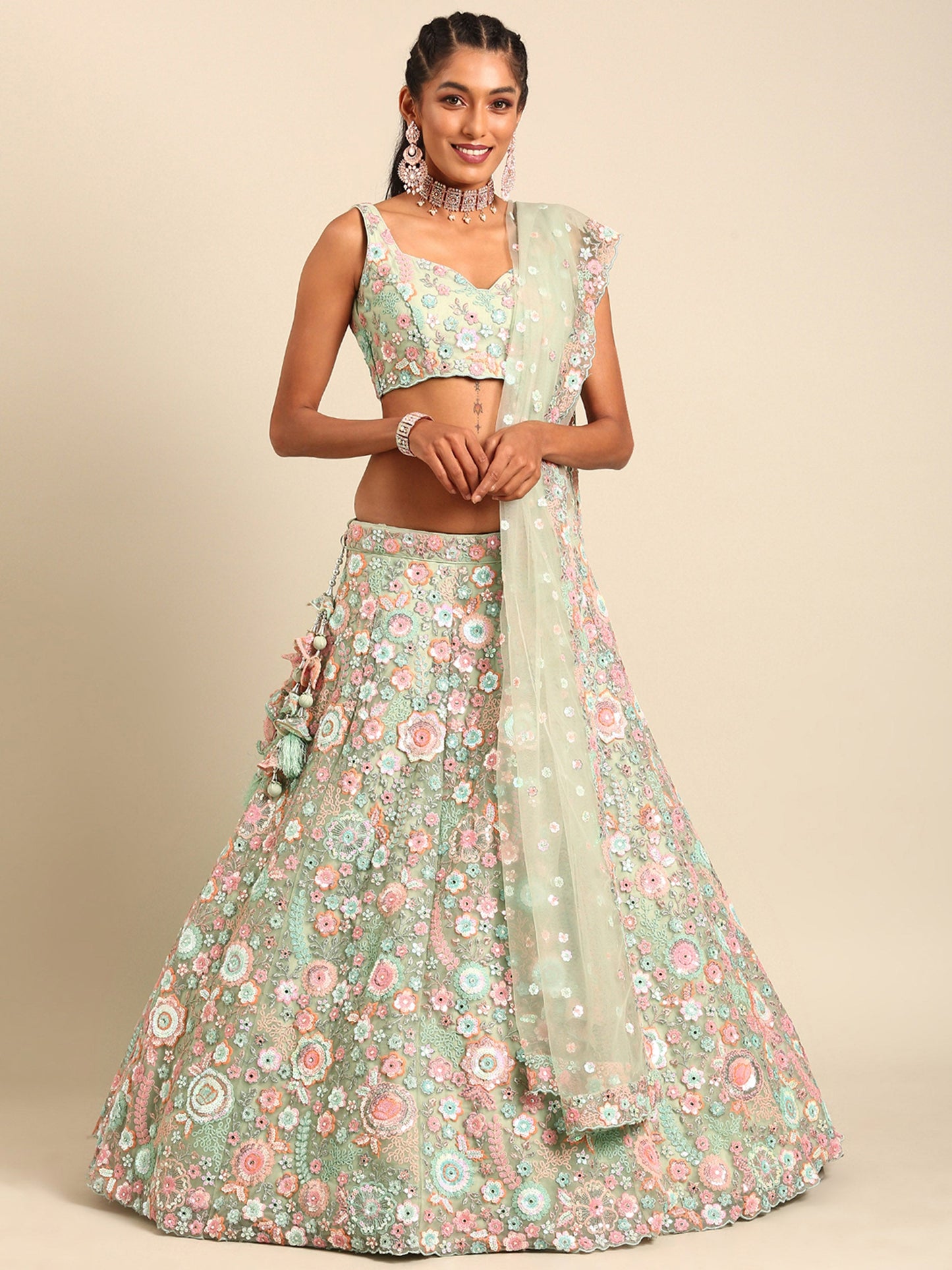 Lime Green Net Sequins, Mirror and thread embroidery Lehenga