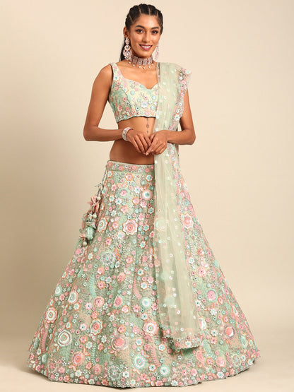 Lime Green Net Sequins, Mirror and thread embroidery Lehenga