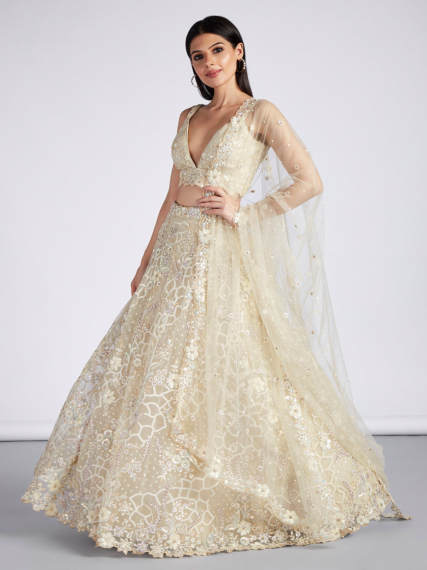 Cream Net Sequins & Zarkan Work Lehenga