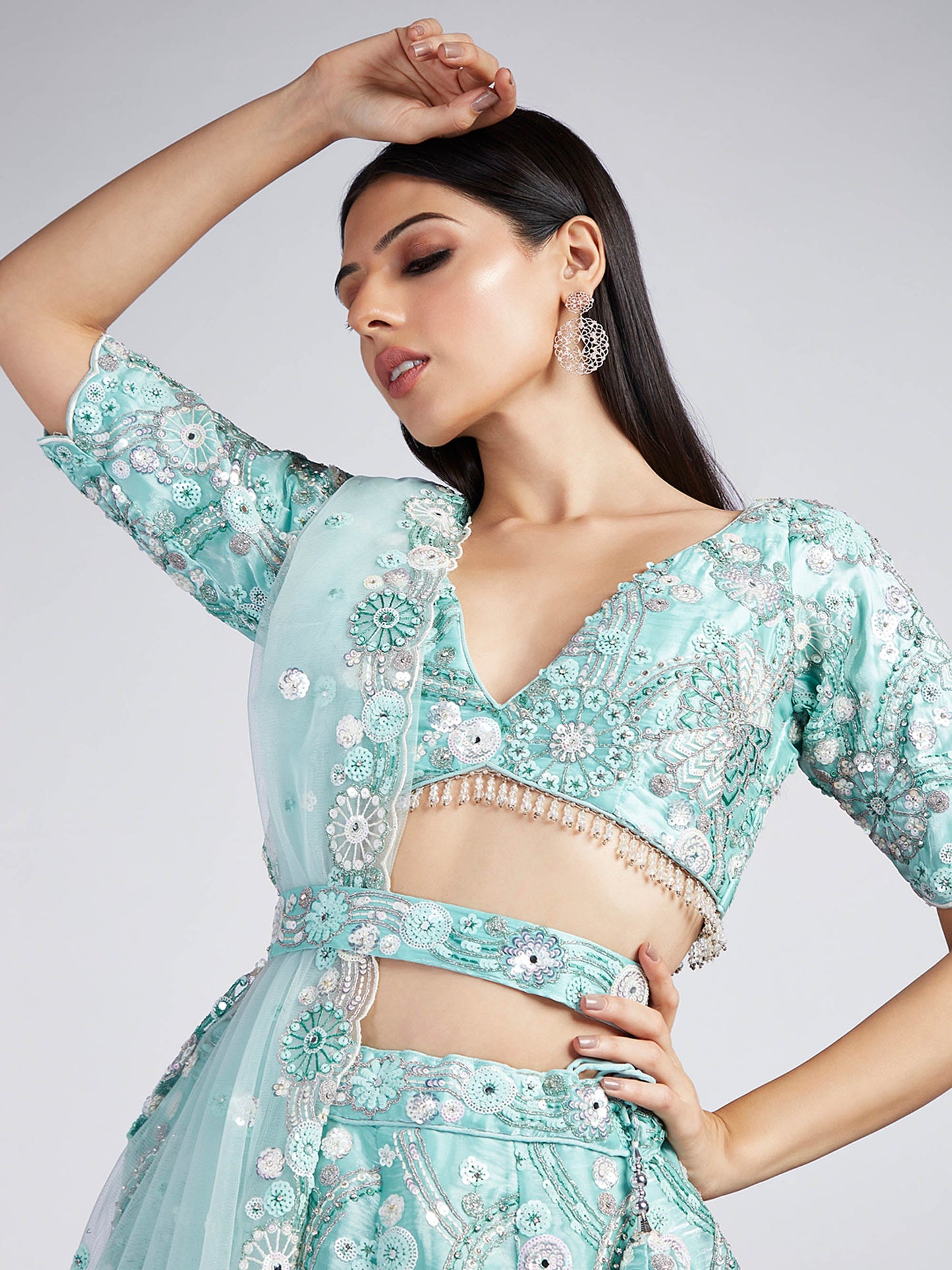 Turquoise blue Organza Sequins, Zarkan and thread embroidery Lehenga