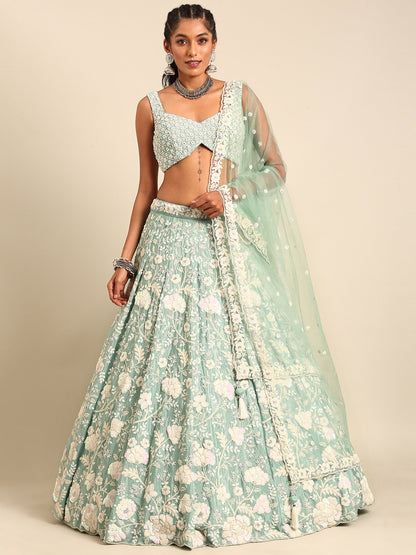 Sea Green Chinon Sequins and Zarkan embroidery Lehenga