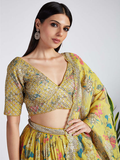 Mustard colour Organza Floral design digital print Lehenga