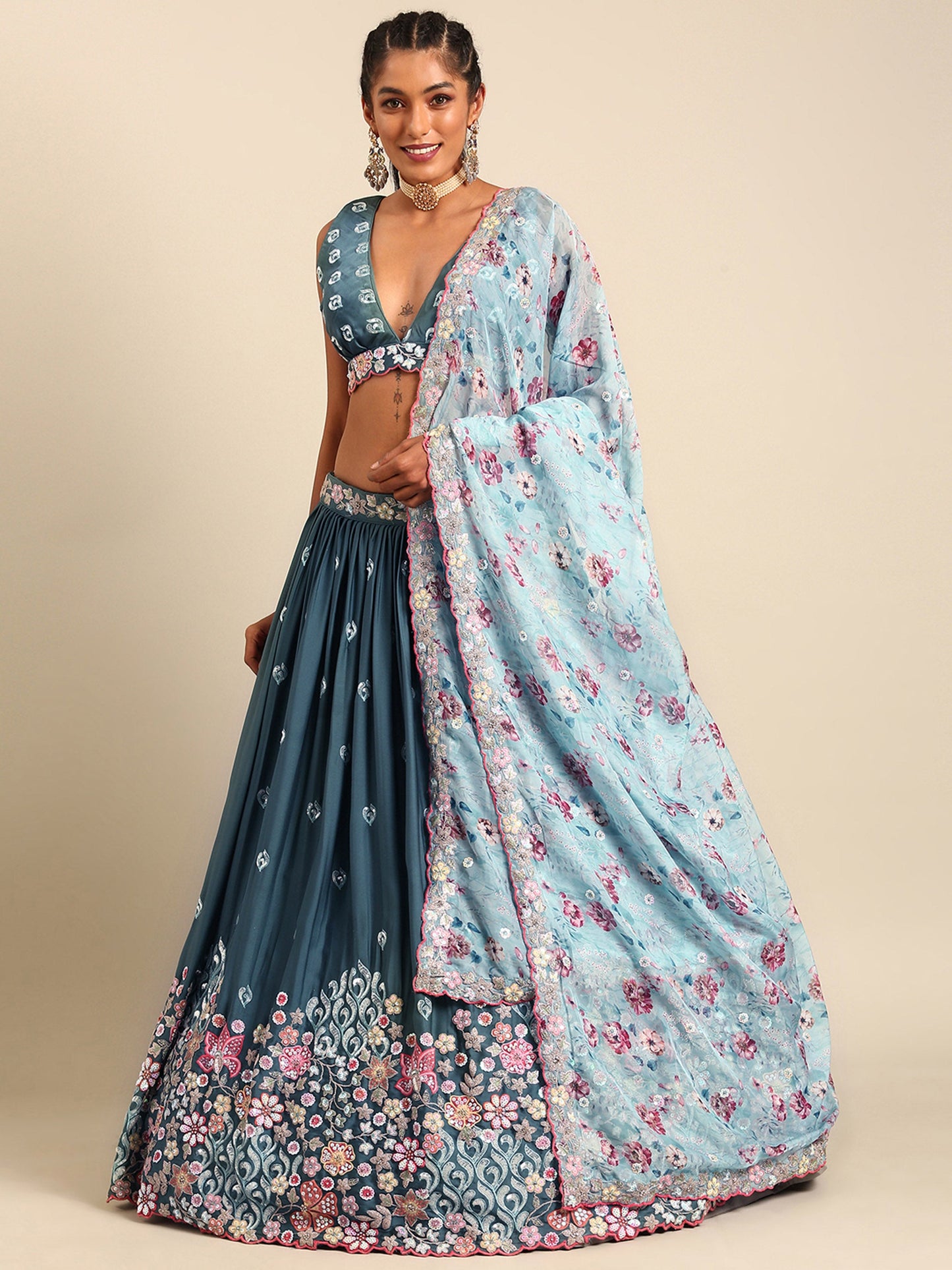 Teal Blue Chinon Sequins embroidery Lehenga