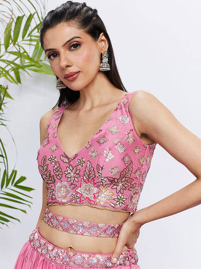 Pink Chiffon Sequins and thread embroidery Lehenga Printed Dupatta