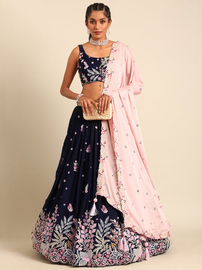 Navy blue Georgette Sequin-Thread embroidery Lehenga