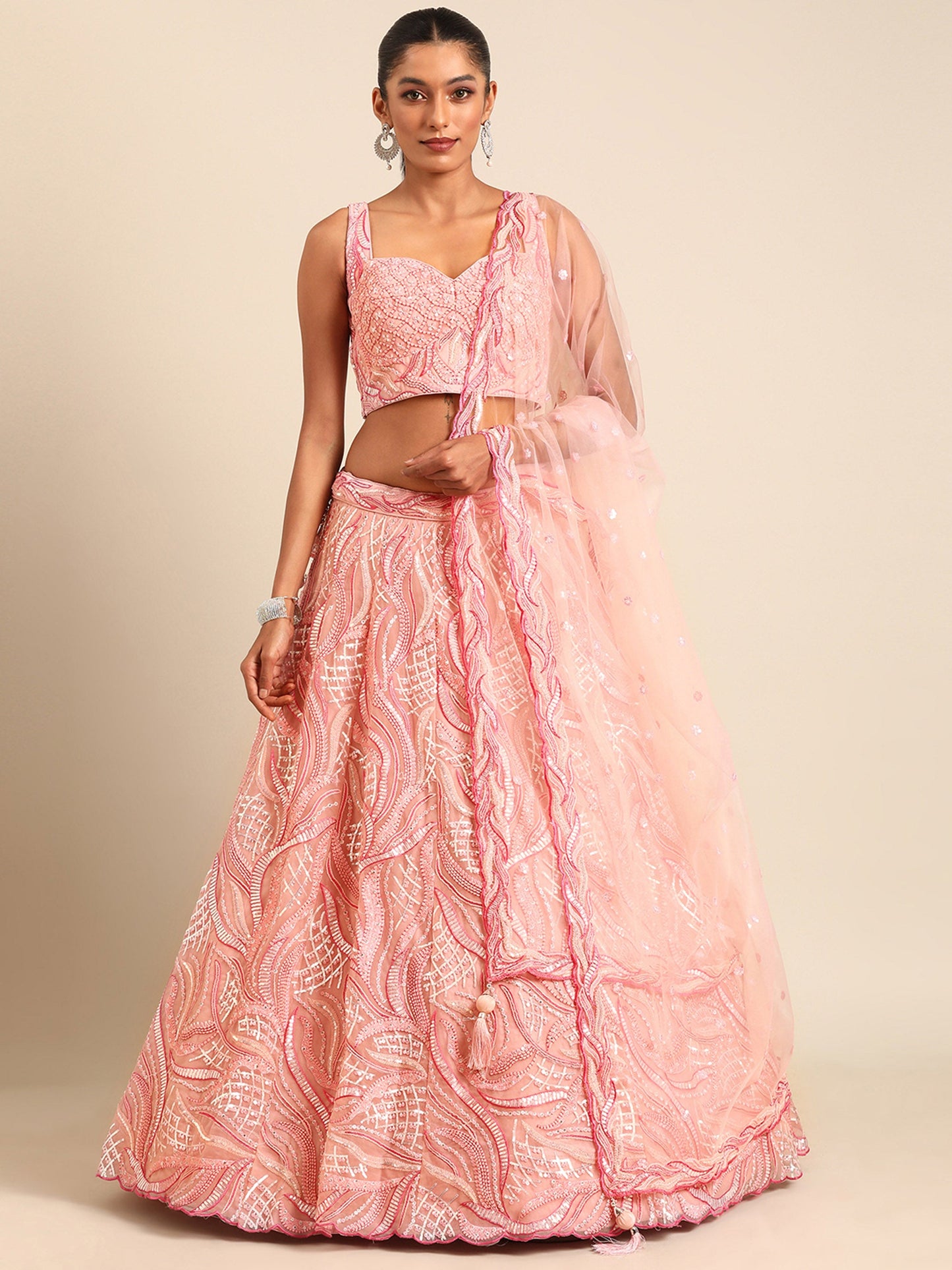 Coral Pink Net Sequins and Zarkan embroidery Lehenga