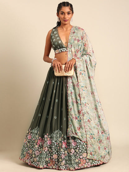 Olive Chinon Sequins embroidery Lehenga